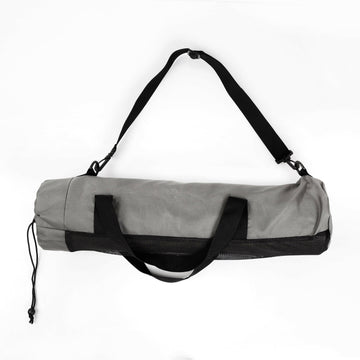 Dark gray yoga bag, 26" x 6" dia, high-quality polyester, adjustable strap, fits most yoga mats.